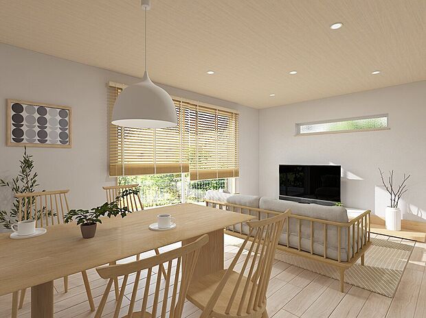 【施工例・LDKパース】
約16.7帖の広々LDK♪ご家族団らんの時間をゆったりと過ごせます。