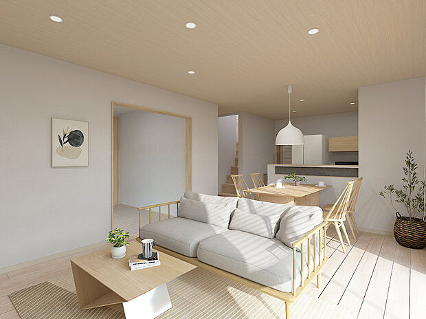 【施工例・LDKパース】
家族の帰宅・外出が把握しやすいリビング階段♪コミュニケーションを育みやすい間取りです。