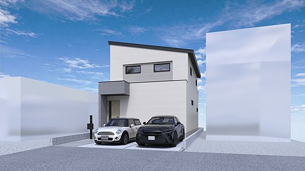 【1号地モデルハウス・外観パース】
シャープな片流れ屋根が目を引く、スタイリッシュな外観デザイン♪前面道路からの出し入れもしやすい、並列2台分の駐車スペースを確保◎