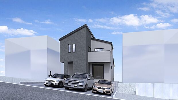 【1号地・外観パース】
モノトーンカラーを採用した、シンプルモダンな外観デザイン♪並列3台駐車が可能です！バイクや自転車置き場としても◎