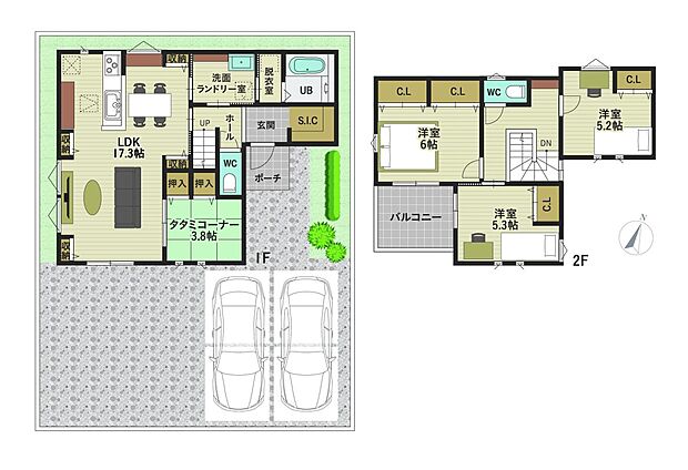 【間取り】
暖かな陽光が差し込む、全居室南向きの間取り◎
リビング収納やSICなど、収納充実!
リビング横のタタミコーナーは、お子様のお昼寝スペースなどに♪