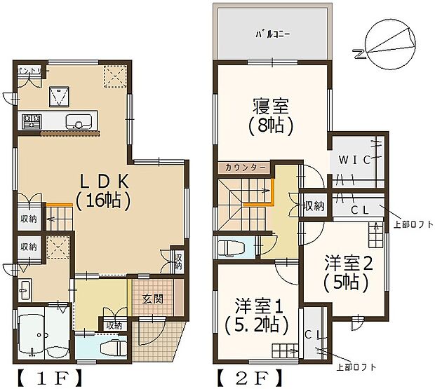 【3LDK】全居室にWICなどの収納が備わった、収納豊富な住まいです。LDKは約16.0帖。リビング階段を採用しています。2階の洋室2部屋はロフト付きです。