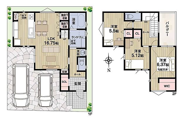 【【6号地・参考プラン】】LDKは3面採光、全洋室2面採光の間取り♪
SCLやWIC、パントリーなど全居室収納付き◎
バルコニーは西側に設けられており、明るい陽光が燦々と注ぎます。