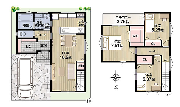【【8号地・参考プラン】】対面キッチンやリビング階段を採用☆パントリーやWIC、SICなど収納豊富なプラン♪洗面脱衣室は2WAY仕様で、家事動線も良好です！
◆1階面積46.03m2 ◆2階面積43.40m2