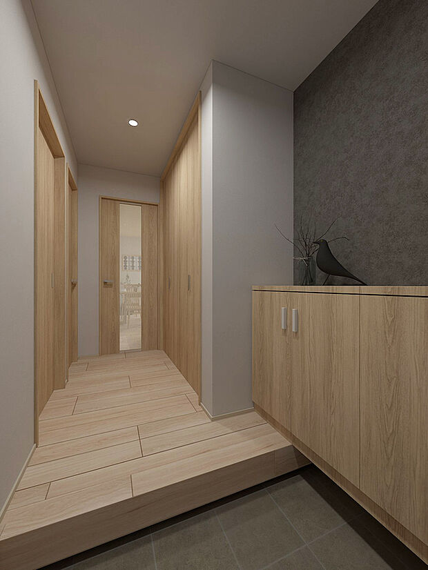 【【施工例・玄関パース】】シューズボックス付きの玄関。 ボックス上にはお気に入りの写真や小物を飾って、空間を彩れます♪