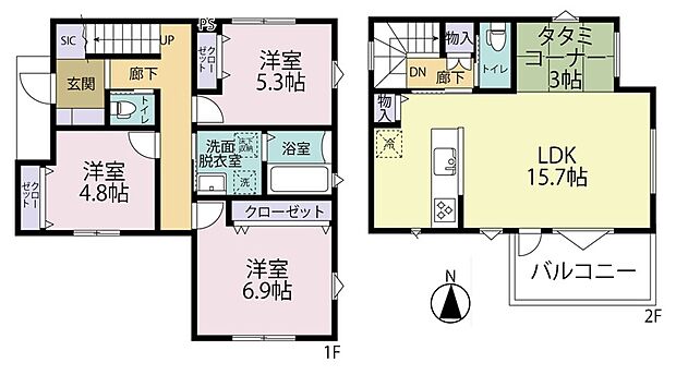 【【参考プラン(3)】】キッチンはご家族との会話が弾む対面式♪
1階の洋室は振り分けタイプにつき、プライベート時間をゆったり寛げます☆
◆1階面積：51.34m2/◆2階面積：38.09m2