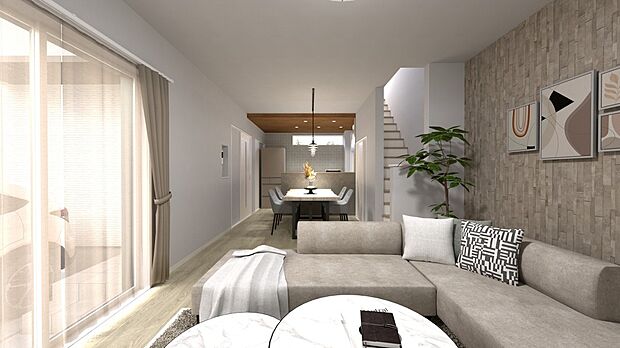 【【LDKパース】】対面式キッチン×リビング階段を採用した、ゆとりあるLDK♪家具の配置でリビング・ダイニングをゾーニングしやすい縦長の間取りです。