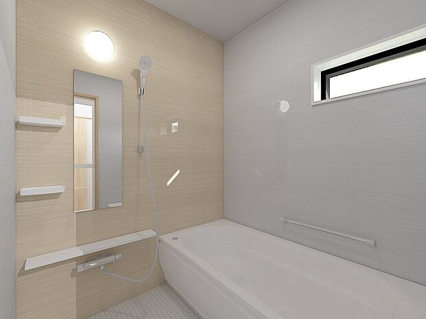 【【2号棟・浴室パース】】明るくナチュラルな雰囲気の浴室。
半身浴などを楽しめるベンチタイプの浴槽で、リラックスしてバスタイムを過ごせます♪