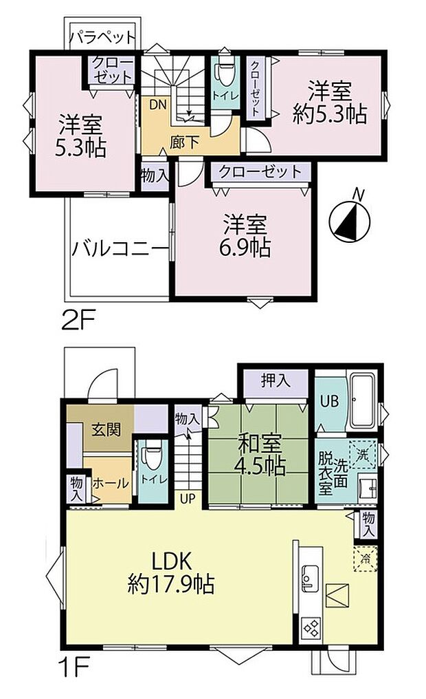 【4LDK】キッチンと洗面室が近く、家事動線良好♪LDK+和室で22帖超の広々空間に！対面式キッチンやリビング階段仕様で、ご家族間のコミュニケーションを育みやすい住まいです☆/1階面積：55.48m2、2階面積：41.40m2