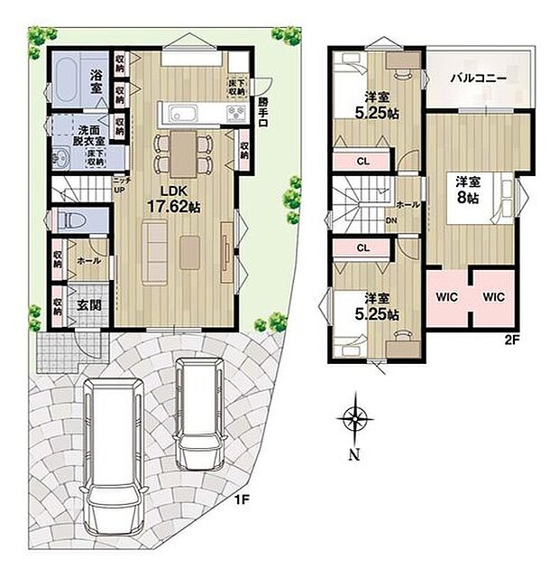 【【9号地・参考プラン】】LDKは17帖超の広々空間！対面式キッチンやリビング階段を採用♪主寝室には大容量のWICを備えています！キッチンと洗面室が近く、家事動線良好な間取りです。
◆1階面積：46.37m2/◆2階面積：43.06m2