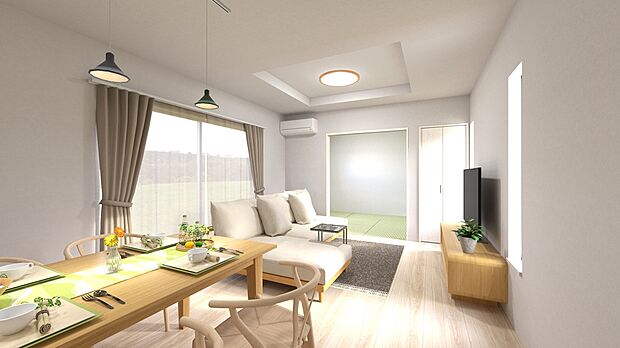 【【3号地・LDKパース】】 リビング横には、約4.5帖の和室を配置!引戸を開放すると、計約20.5帖の空間に♪シーンに応じて使い分けできます。