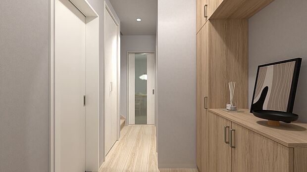 【【3号地・玄関パース】】ナチュラルテイストで明るい印象の玄関♪シューズボックスを備えているため、ご家族の履物をすっきり収納できます◎