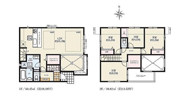 (1号棟)4LDK、土地面積144.76m2、建物面積108.47m2