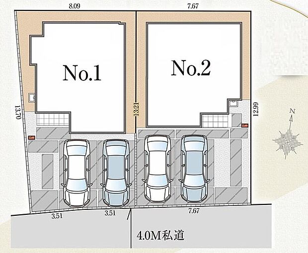 【区画図】
陽当りの良い南側道路に面したお住まい♪
車種により2台まで並列駐車可能！
通勤・通学やお買い物に便利な立地♪