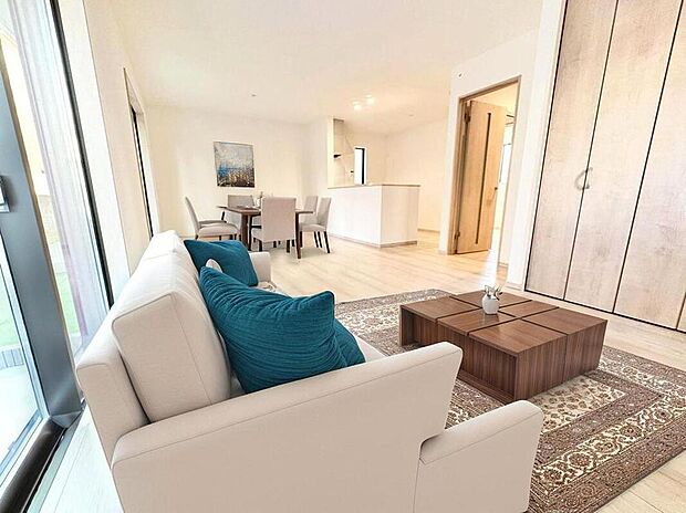 明るく開放感のあるリビング。対面式キッチンは、いつでもご家族を感じられる空間作りの重要ポイントになりそうです。※家具をCGで加工しています。家具付き販売ではございません。