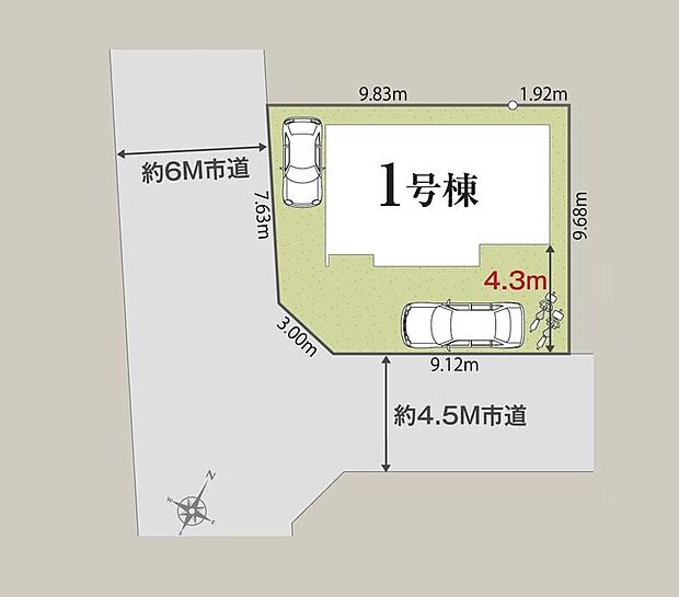 ≪区画図≫
角地につき通風・採光共に良好です♪
カースペース2台分あり！（※車種による）