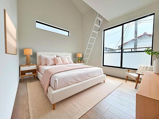 大きなベッドを置いてもゆとりのある広さ！収納完備しておりますので、家具が少なく済みます！お掃除もラクラクですね♪※家具をCGで加工しています。家具付き販売ではございません。