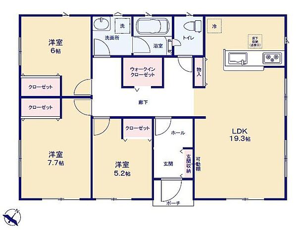 【3LDK】生活動線がコンパクトで人気の平屋プラン☆
玄関を挟んでリビングと居室スペースに
分かれているので生活にメリハリが生まれます。
中央にWICを備えているのでお出かけに必要な
物を収納すれば準備もスムーズ◎