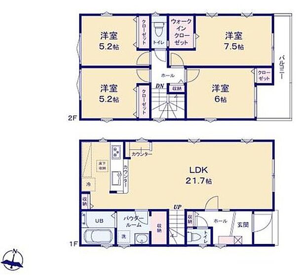 【4LDK】広々21帖のLDK！
家族のコミュニケーションを重視した対面式キッチン・リビングイン階段プランです♪
ご家族が集う空間と、個の時間を大切にする居室をしっかり分け合える２階４居室プラン♪