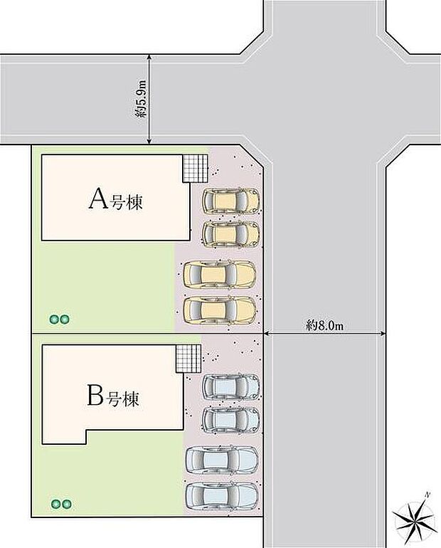 【【区画図】】開放感のある人気の角地♪
カースペース4台分（車種による）ございますので、家族分の自転車を駐輪したり、来客用の駐車スペースとしてもお使いいただけます。