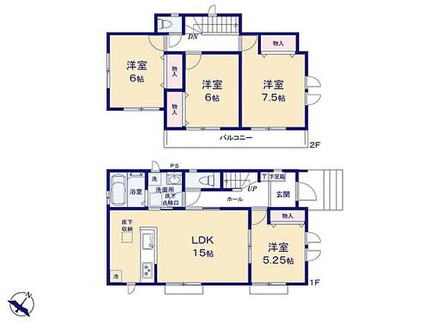 【4LDK】◇全居室南向き☆日当たり良好♪
◇水回りがまとまっているので忙しい奥さんには嬉しい間取りです♪
◇2部屋から行き来できるバルコニー付き♪