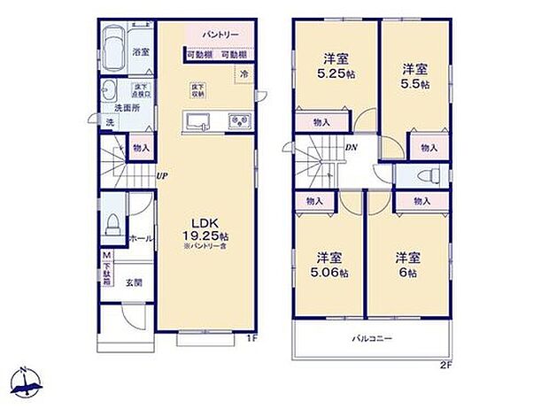 【4LDK】堂々19.25帖のＬＤＫ♪大容量パントリー完備！
洋室を2階に集約し、プライバシーにも配慮した間取りプラン。ご家族それぞれのプライベート空間も充実の４ＬＤＫです♪