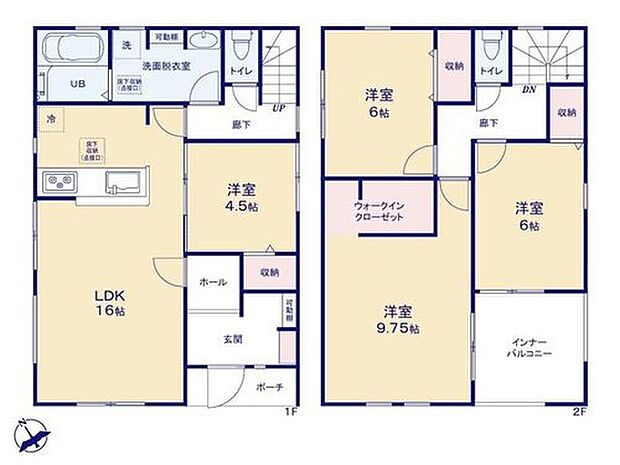 【4LDK】☆リビングスルー階段で帰宅時に顔を合わせられる設計に♪
☆1階洋室はお子様のプレイスペースにもオススメ♪
☆主寝室にはウォークインクローゼット完備♪
☆急な雨でも安心♪インナーバルコニー仕様♪