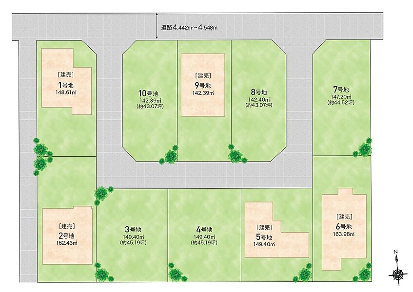 全10区画の新街区が誕生。建売プランの敷地面積はゆったり約43.07坪～49.60坪。幅員約4.44～4.54mの北側公道と幅員約4.28mの西側私道に接道。開発道路は幅員約4.0mです。