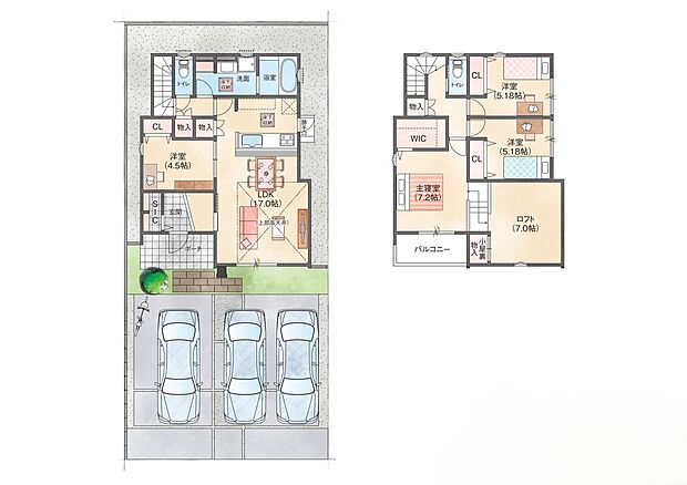 【3号地】ご家族のライフスタイルに合わせて多目的に活用できる洋室をLDK横に設けたプランです。リビングは一部高天井で空間を明るく開放的に保ちます。約7帖の小上がりロフトはお子様でも安心して使えます。
