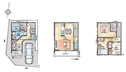 南向き×南西角地の3号地。FCLやWIC、2カ所のホール収納、SICなど豊富な収納が魅力の3LDKプランです。リビングの窓はワイドサッシを採用し、南向きのバルコニーから暖かな陽光を取り込めます。 