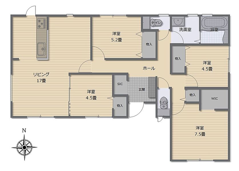 4LDK+WIC（1・2号棟）
暮らしやすい動線が魅力の平屋建て。