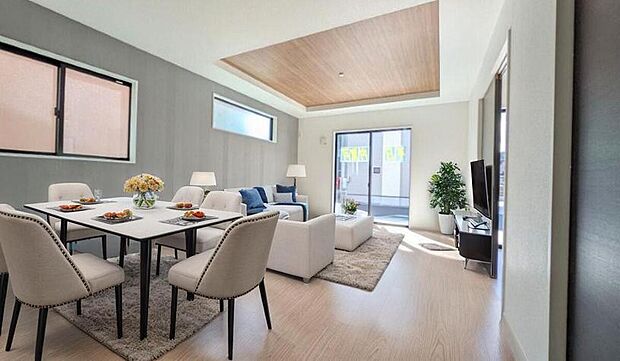 【ダイニング家具配置イメージ画像】1号棟のダイニングに家具を配置したイメージ画像です。※本画像はCGで作成しており、実際に現地に 家具は置かれておりません。また、価格に 家具は含まれておりません。