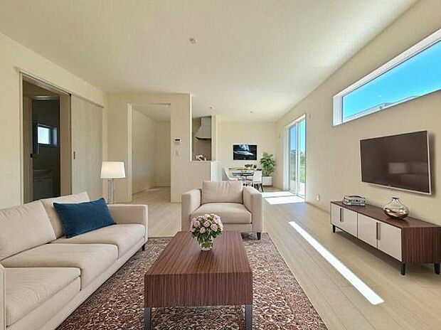 【リビング家具配置イメージ】リビングダイニングに家具を配置したイメージ画像です。※本画像はCGで作成しており、実際に現地に 家具は置かれておりません。また、価格に 家具は含まれておりません。

