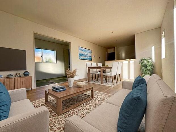 【リビング】LDKに家具を配置したイメージ画像です。
※本画像はCGで作成しており、実際に現地に 家具は置かれておりません。また、価格に 家具は含まれておりません。