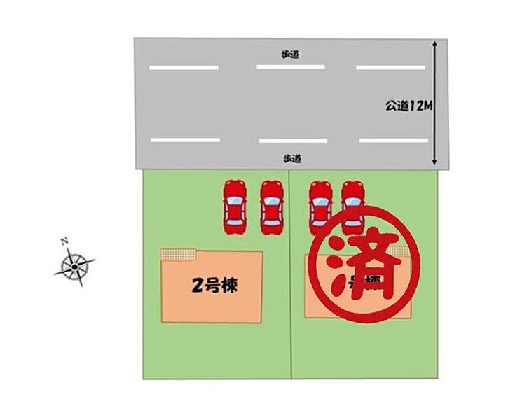 ≪全体区画図≫
駐車２台可能（車種による）！
急な来客時や、ご家族の自転車スペースとしても大活躍♪