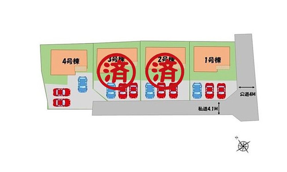 ≪全体区画図≫
駐車３台可能（車種による）！
急な来客時や、ご家族の自転車スペースとしても大活躍♪