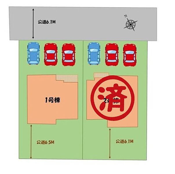 ≪全体区画図≫
駐車３台可！！（車種による）
急な来客時やご家族の自転車スペースとしても重宝します♪