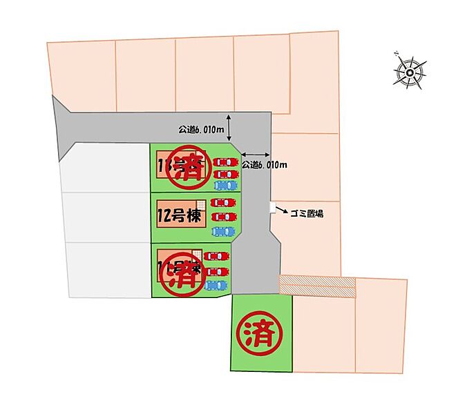 ≪全体区画図≫
駐車３台可能（車種による）！
急な来客時や、ご家族の自転車スペースとしても大活躍♪