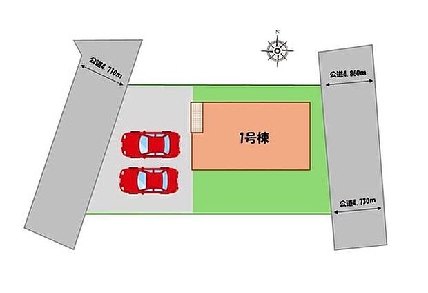 ≪全体区画図≫
駐車２台可能（車種による）！
急な来客時や、ご家族の自転車スペースとしても大活躍♪