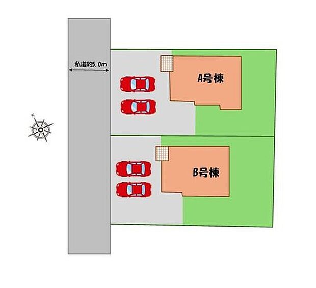 ≪全体区画図≫
駐車2台可能!(車種による)
空いたスペースには、花や緑で彩るガーデニングもオススメです♪