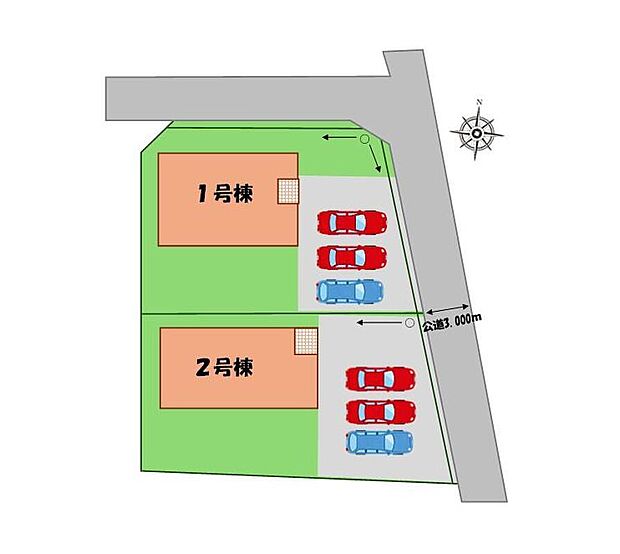 ≪全体区画図≫
駐車３台可能（車種による）！
急な来客時や、ご家族の自転車スペースとしても大活躍♪