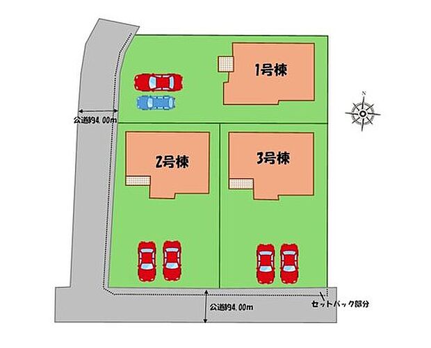 【全体区画図】閑静な住宅地に立地しております。
駐車スペースは並列２台分！
家族分の自転車を駐輪したり、来客用の駐車スペースとしてもお使いいただけます。