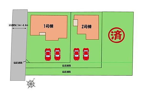 【全体区画図】駐車2台可能(車種による)!
急な来客時や、ご家族の自転車スペースとしても大活躍♪