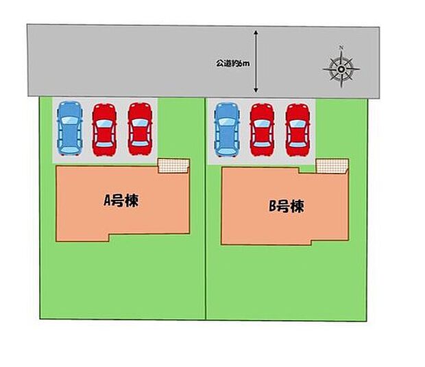 【全体区画図】駐車3台可能!(車種による)
空いたスペースには、花や緑で彩るガーデニングもオススメです♪
