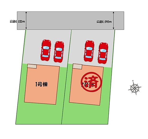 【全体区画図】駐車２台可能（車種による）！
急な来客時や、ご家族の自転車スペースとしても大活躍♪