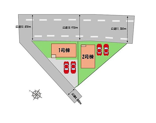 【全体区画図】駐車２台可能（車種による）！
急な来客時や、ご家族の自転車スペースとしても大活躍♪