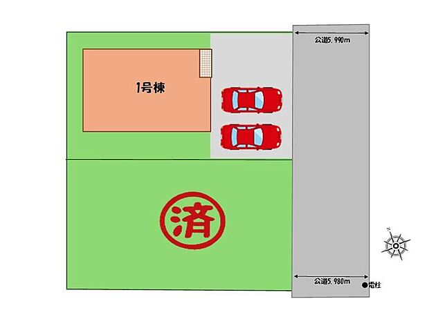 【全体区画図】駐車２台可能（車種による）！
急な来客時や、ご家族の自転車スペースとしても大活躍♪