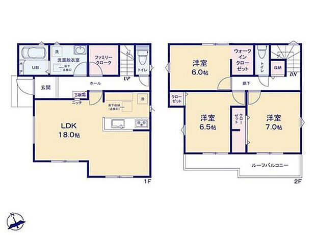 【3LDK】LDKは広々18帖の空間です!1階にファミリークローク付きなので、コート、部屋着、パジャマと、自室取りに行くこともなく楽に片づけることができます。
