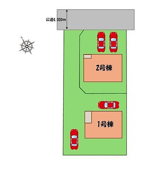 【全体区画図】駐車２台可能（車種による）！
急な来客時や、ご家族の自転車スペースとしても大活躍♪
