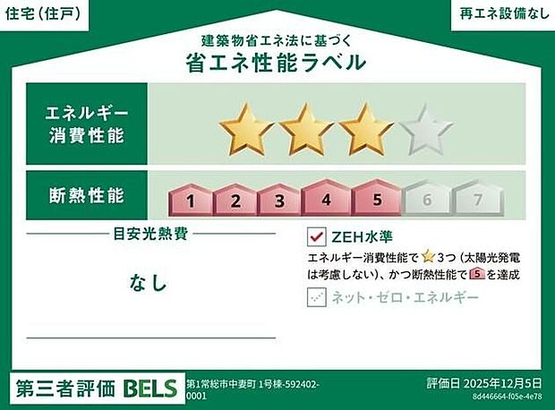 【省エネ性能ラベル】こちらの物件はZEH水準を満たした、省エネ性能に優れた物件です。　光熱費を抑えて暮らすことができるだけでなく、「熱の入りにくさ・逃げにくさ」という観点でも影響を受けにくい建物のため、長く快適にお過ごしいただけます♪　※本ラベルは特定の住戸の性能を示すものであり、全ての住戸の性能を示すものではありません。